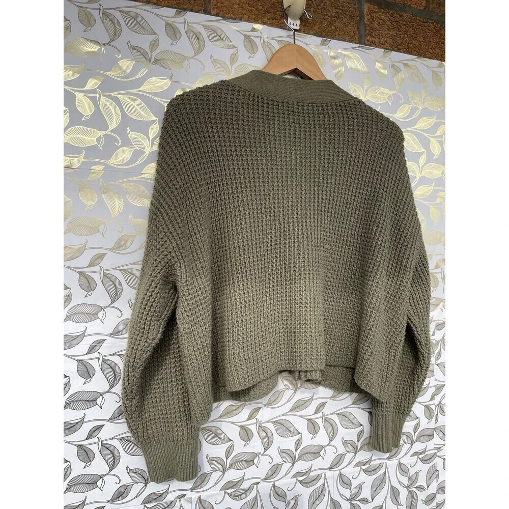 Eberjey Sage Green Waffle Knit Cardigan | Recycled Cotton Chunky Sweater M